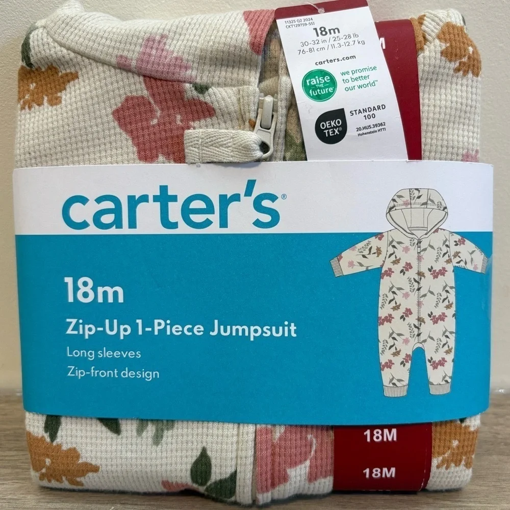 Carter's Floral Zip Front Hoodie Thermal Jumpsuit Size | 18M